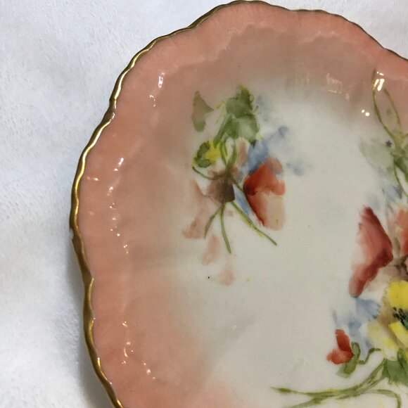 Porcelain Vintage Hand-Painted Plate Pink Poppies Flower Red & Yellow Gold Gild - Picture 6 of 8